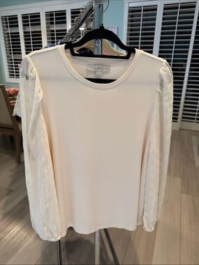 LOFT Cream Long-Sleeve Sheer Puff-Sleeve Top